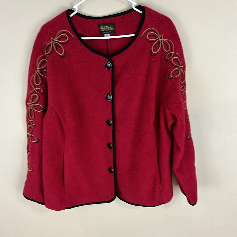 Bob Mackie Red Fleece Embroidered Button Front Jacket Size 1X